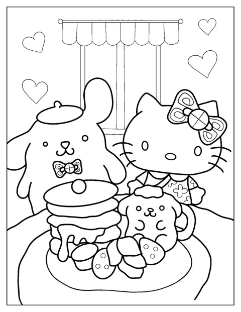 Pompompurin e Hello Kitty saboreiam uma fatia de bolo juntos.