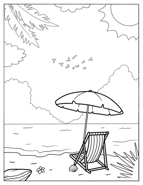 Lehátko a slunečník stojí na pláži čelem k moři.
