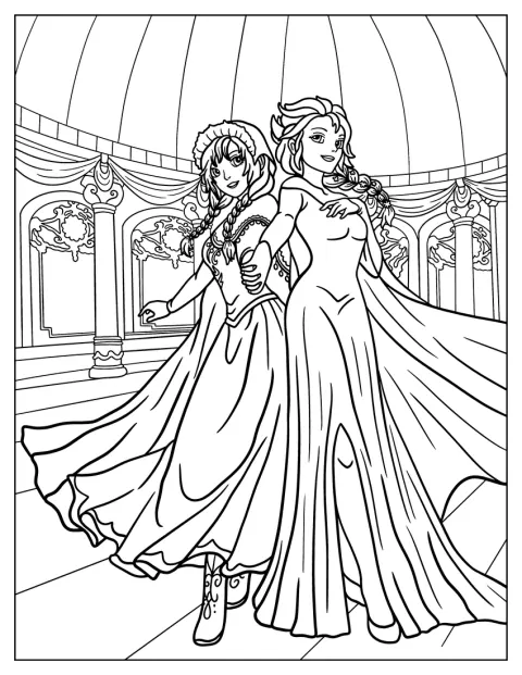 Anna og Elsa holder hverandre i hendene i en ballsal.
