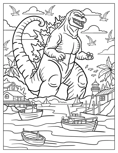 Godzilla stojí poblíž majáku, zatímco kolem plují plachetnice a létají ptáci.