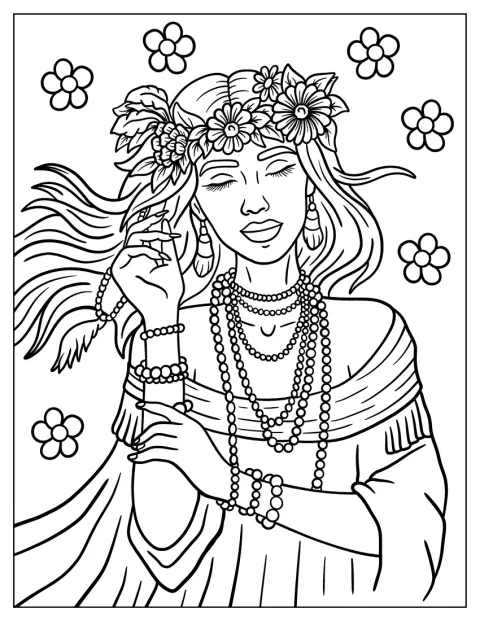 En elegant hippiepige med perler og blomsterkrans ser frem for sig.