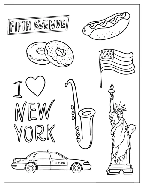Obrázek zachycuje typické symboly a pamětihodnosti New Yorku.