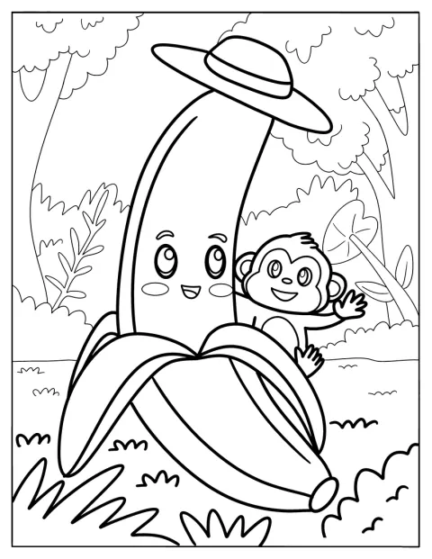 Una banana sorridente fa amicizia con una scimmietta.