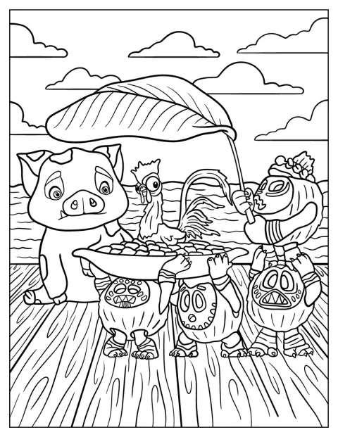 Moana Coloring Page Of Pua Watching The Kakamora Carry Heihei