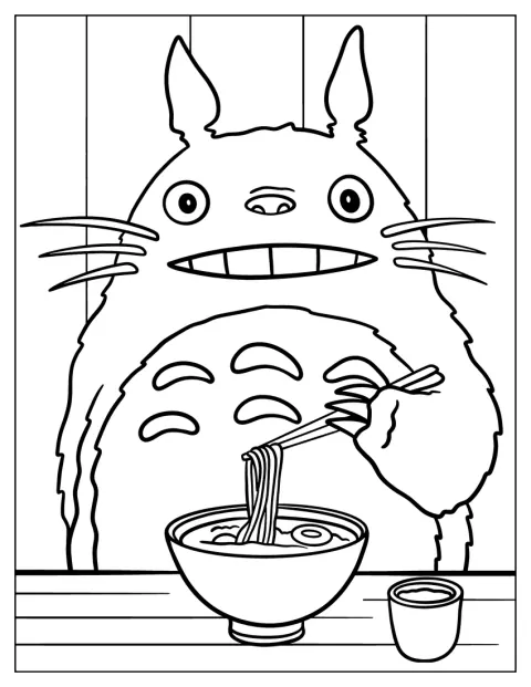 Totoro äter en skål med ramen.