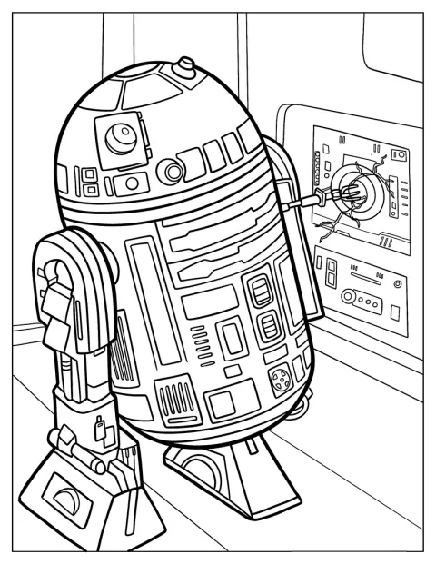 R2-D2 työskentelee moottorin kimpussa.