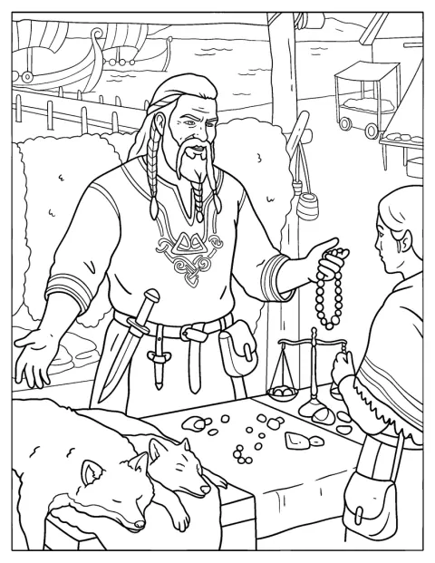 À son étal de marché, un marchand viking propose des bijoux et des perles.