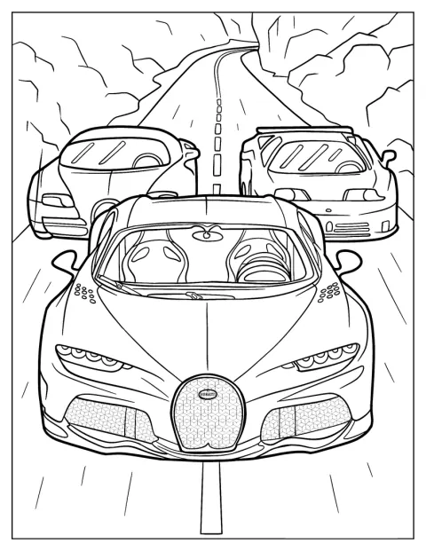 Trei automobile Bugatti Chiron circulă împreună pe șosea.