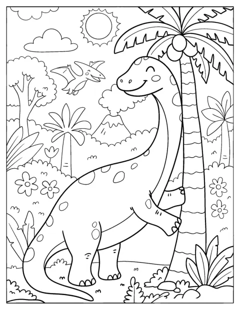 Un brachiosaure broute les feuilles d’un palmier.