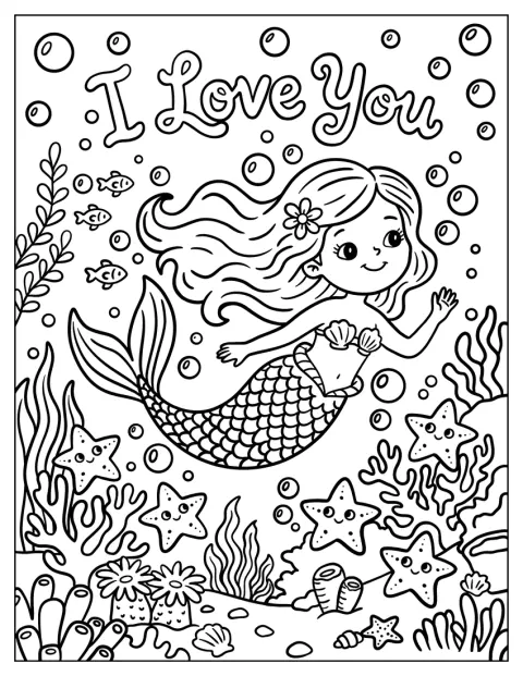 Una sirena nada entre estrellas de mar junto al mensaje «Te quiero».