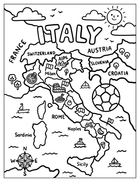 Italian kartalla näkyvät kuuluisat kaupungit ja maamerkit.