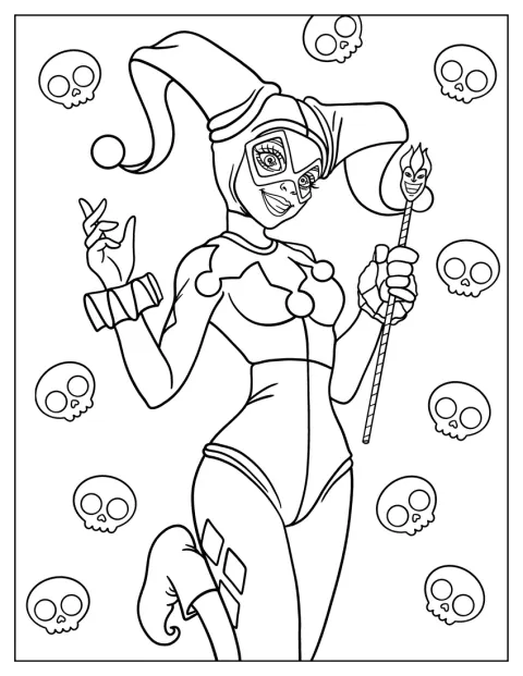 Harley Quinn staat afgebeeld als een schattig cartoonfiguur.