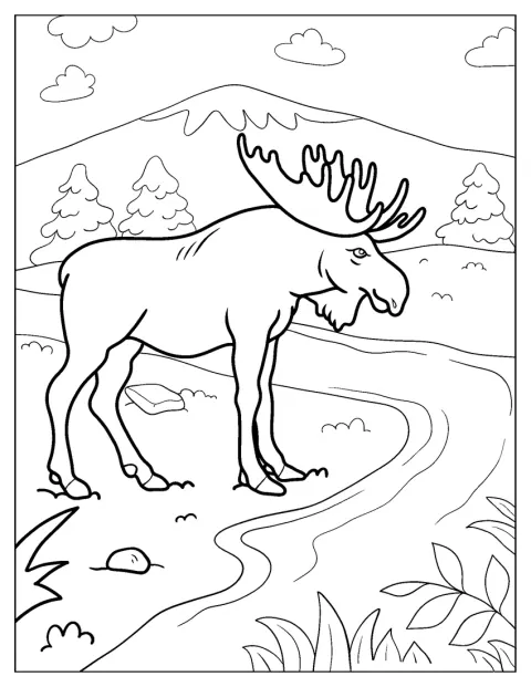 Realistyczny łoś stoi przed płynącym strumieniem.