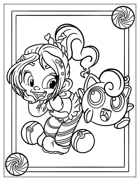 Vanellope está junto a Jigglypuff, el Pokémon redondo y sonriente.
