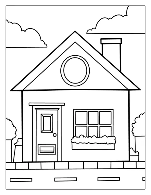 O desenho mostra os contornos de uma casa com telhado, porta e janelas.