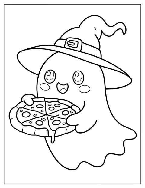 Ein niedlicher Geist mit Hexenhut bringt eine Pizza aus.