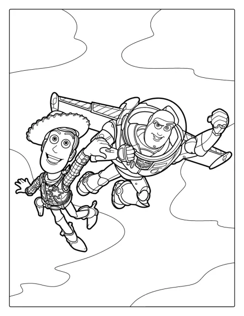 Buzz y Woody vuelan juntos por el cielo.
