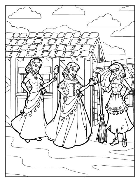 Cinderella står sammen med de to stesøstrene sine.