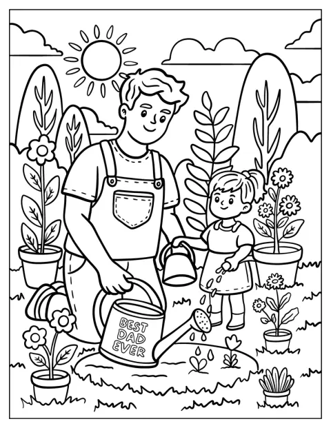 Far og barn passer planter sammen i en solrig baghave.