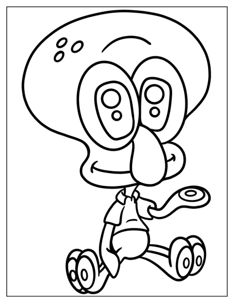Een kleine, schattige versie van Squidward staat rechtop.