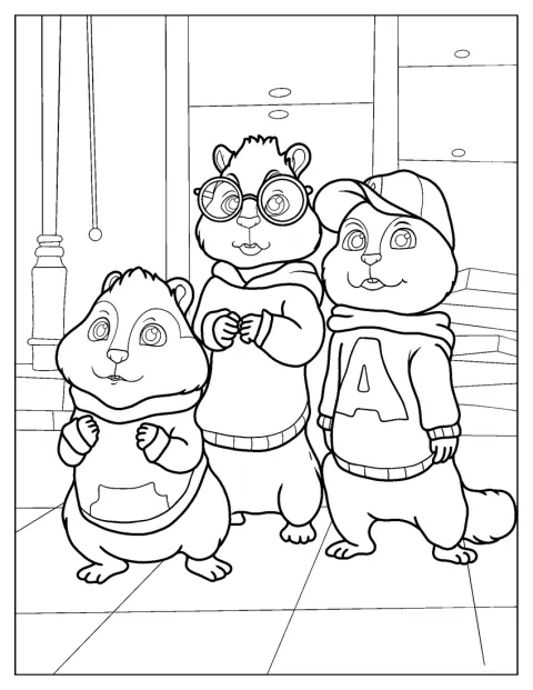Alvin a Chipmunkové stojí společně ve svém domě.