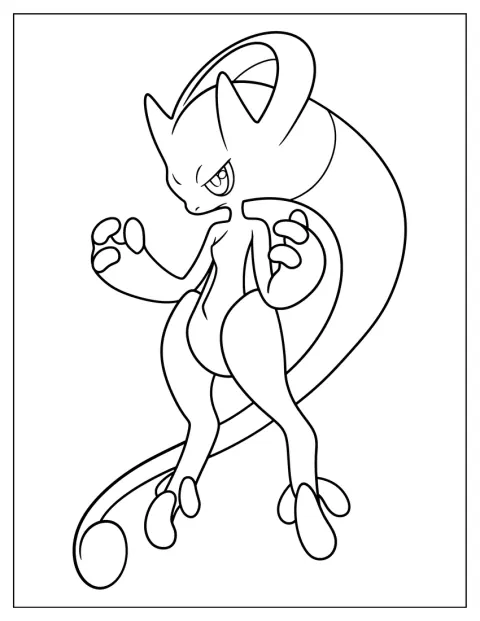 Mega Mewtwo Y står i en enkel kontur med svansen bakom sig.