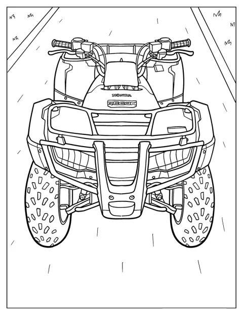 La vue frontale révèle les roues et le guidon d’un quad.