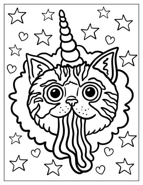 Un gato unicornio vomita un chorro de colores que forma un arcoíris.