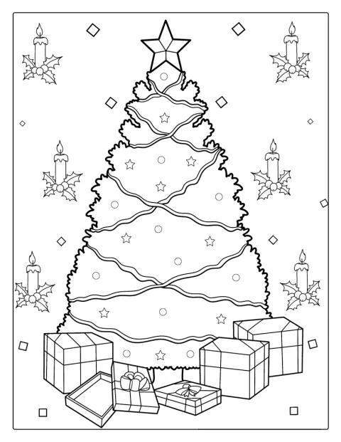 Uma árvore de Natal enfeitada com luzes e fitas tem presentes à sua volta.