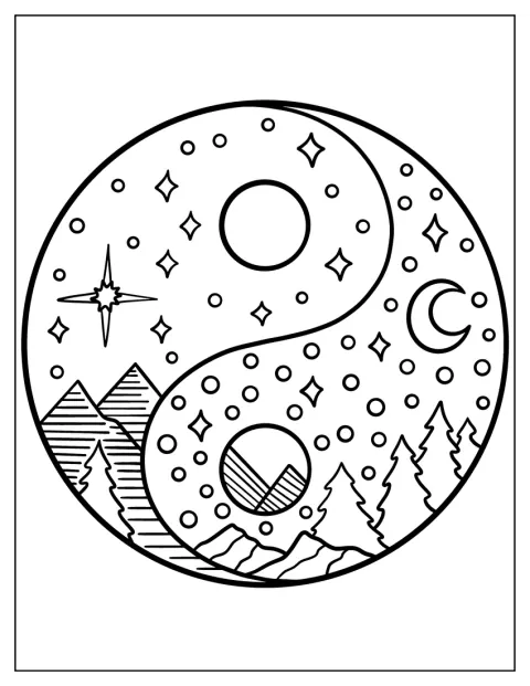 Et enkelt landskab med bjerge og natur former yin og yang-symbolet.