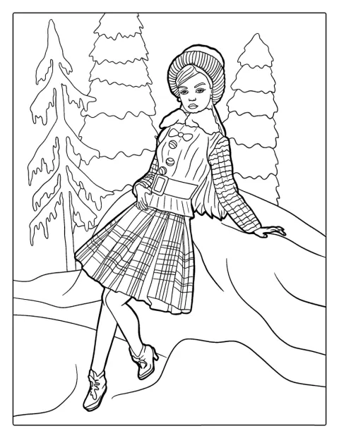 Barbie steht in einer verschneiten Winterlandschaft.