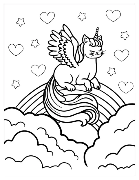Sleeping Unicorn Cat Coloring Page On A Rainbow