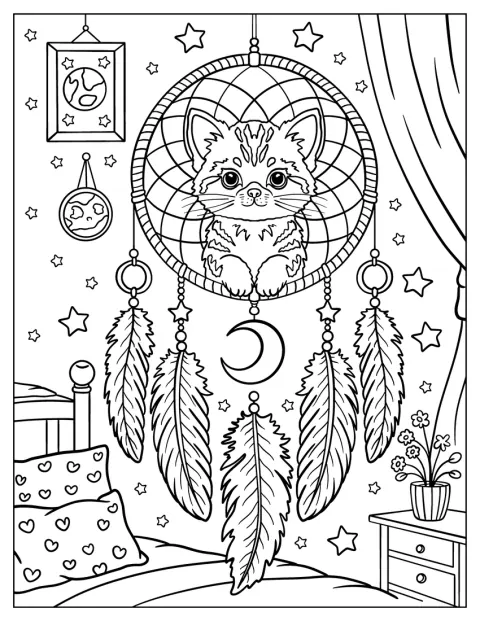 寝室のドリームキャッチャーにかわいい子猫が描かれ、月や星の飾りが揺れています。