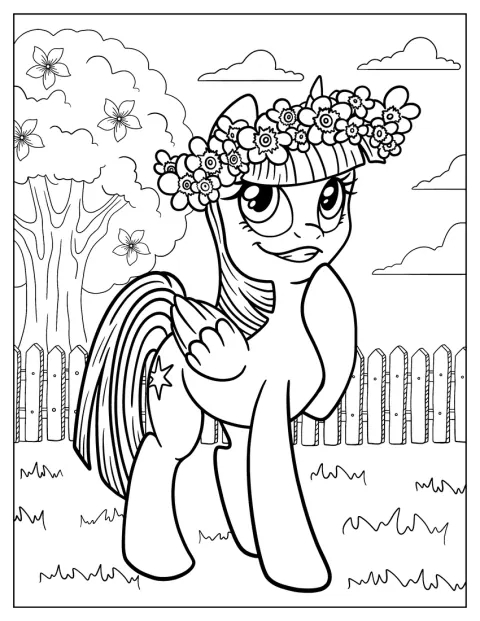 Ein Blumenkranz schmückt Twilight Sparkles Kopf.