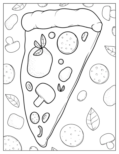 Na kawałku pizzy leżą pieczarki, oliwki i salami.