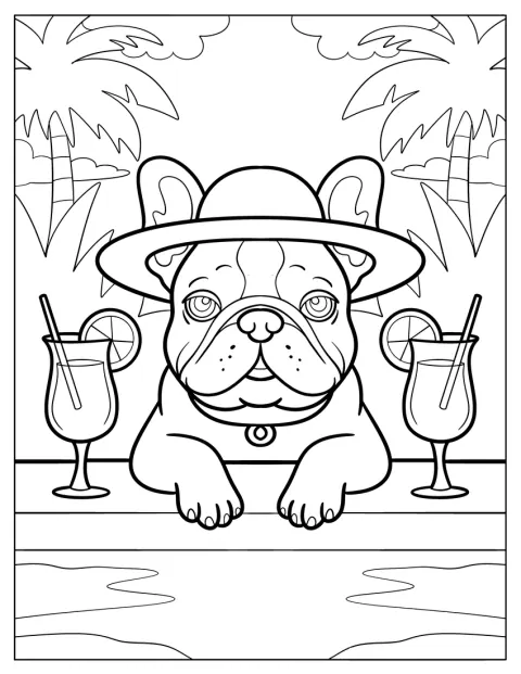 Kalapos francia bulldog pihen a medencében, koktélok társaságában.