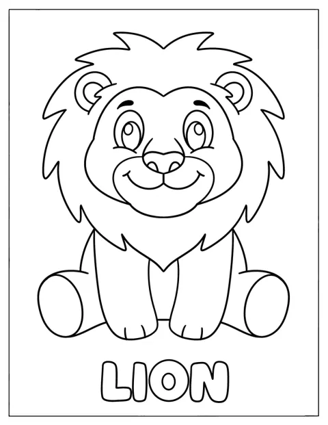 Un jeune lion souriant est représenté de face.