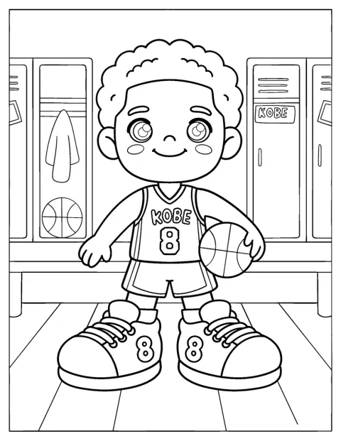 Kobe Bryant, dibujado como un personaje chibi, lleva zapatillas con el número ocho en el vestuario.