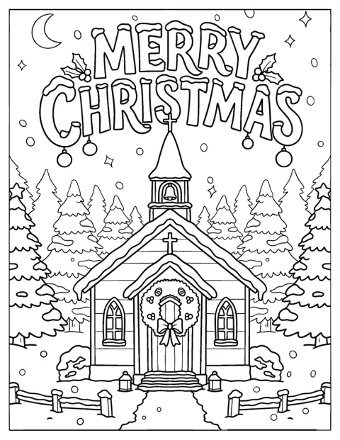 En lille kirke står dækket af sne i vinterlandskabet ved juletid.