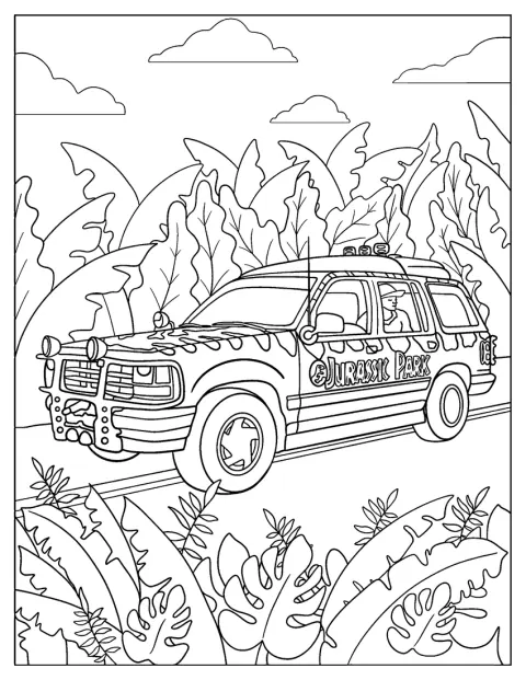 Een auto uit Jurassic Park staat afgebeeld.