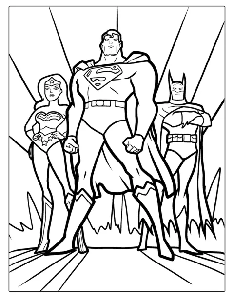Superman står mellem Batman og Wonder Woman, mens de gør sig klar til kamp.