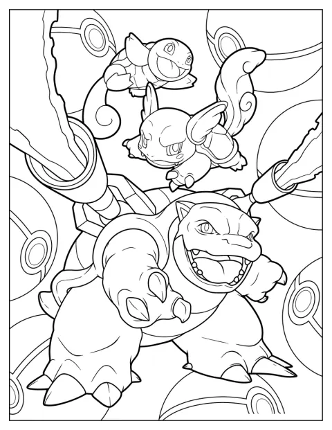 Squirtle, Wartortle ja Blastoise poseeraavat Poké-pallojen kanssa.