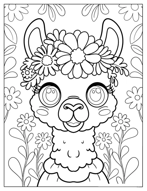 Un lama portant une couronne florale se tient parmi des marguerites.
