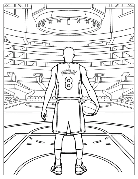De dos, Kobe Bryant contemple un stade de basket désert.
