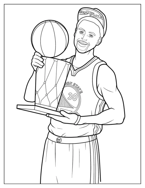 Stephen Curry sostiene un trofeo de campeón.
