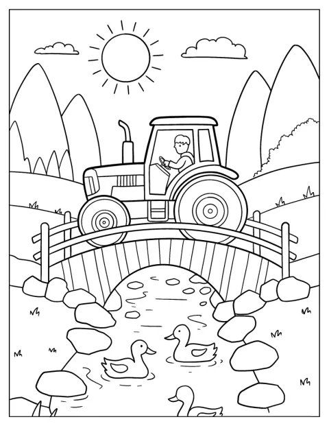 En traktor kjører over en steinbro med ender som svømmer i dammen.