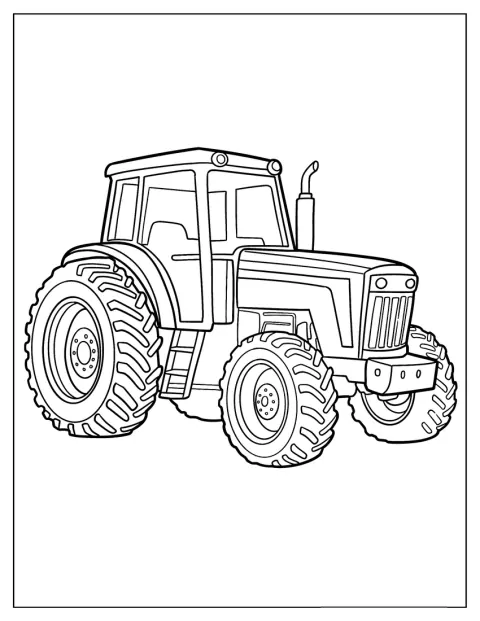 En lantbrukstraktor med jättestora däck står på gården.