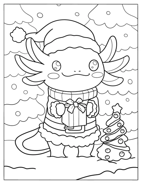 Axolotl v santovském kostýmu drží zabalený dárek.