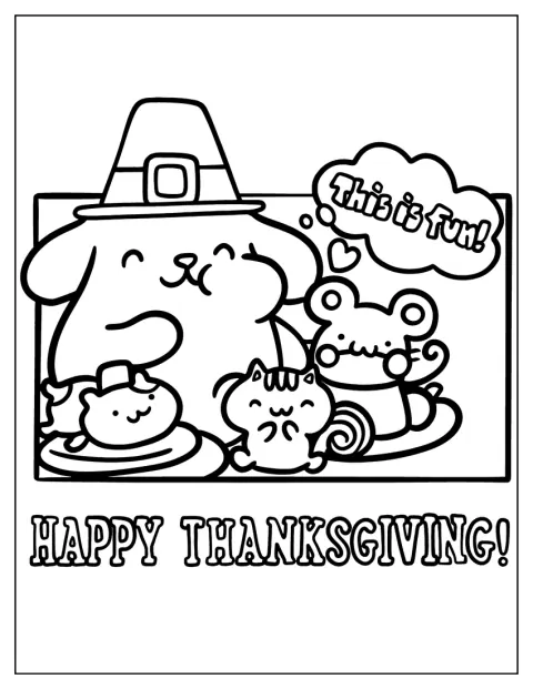 Pompompurin syö kiitospäivän päivällistä ystäviensä kanssa.