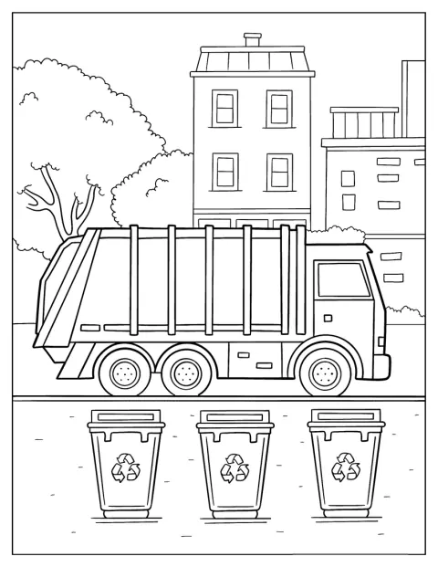 Un camión de basura está aparcado delante de varios contenedores de reciclaje.